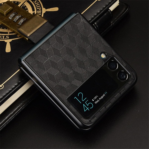 Geometrisk etui kompatibelt med Samsung Galaxy Z Flip 4, hård PC+PU Læder Stødtæt cover Sort