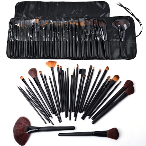 32 stk. Professionelle Makeupbørster med Ægte Gedehår i Læderetui Black Black