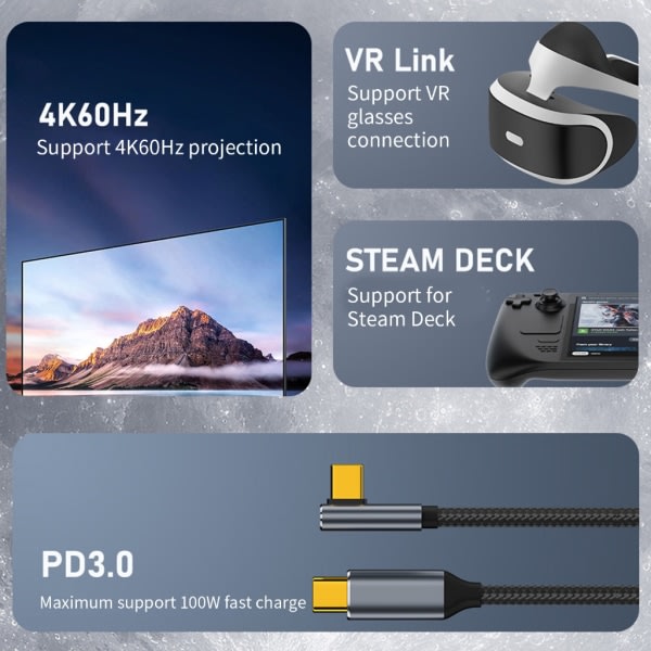 Type-C USB-C Hurtiglading USB C til C-kabel 90 grader 100W Kabel 4K60Hz Videoutgang Hurtigladingkabel 10 Gbps 1,5 m