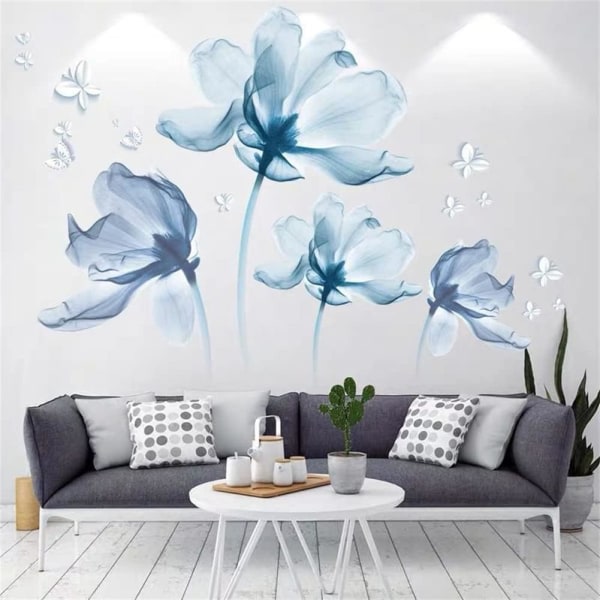 Blå blomma väggdekaler klistermärken, skala och sticka blomma väggdekal DIY blommig väggkonst för sovrum Vardagsrum Klassrum kontor (4 blå blommor)