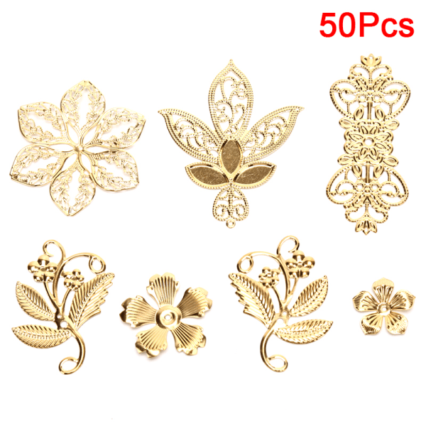 50 st Vintage metall blad filigran blomma skiva berlocker DIY Craft Gold A