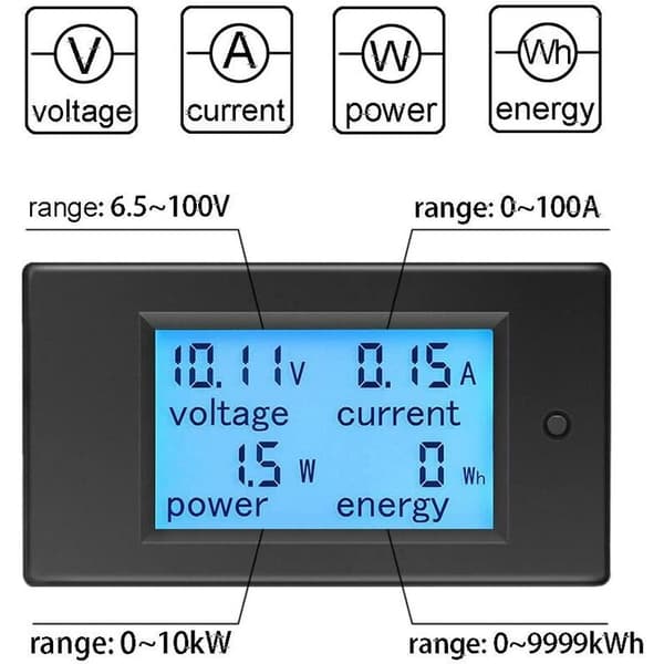 Voltmeter Ammeter 12V Tester Indikator Spenning Strøm Effekt Energi Digital DC 6.5-100V 100A Volt Amp Watt Multimeter LCD Display Panel, DEBUNS