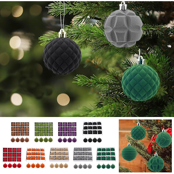 12 st 6 cm Sammetsjulgranskulor, Flockade Dekorationer med 4 Mönster (Armégron) Army green