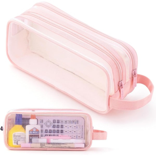2-delt gennemsigtig etui, blyantkasse med dobbelt mesh, etui pink