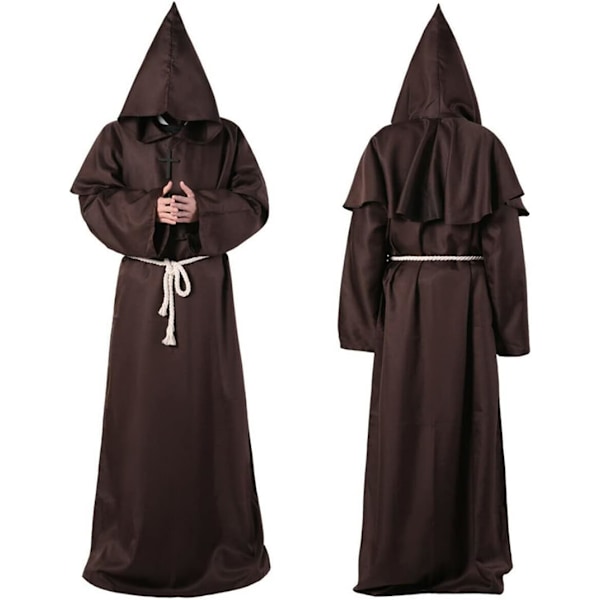 Halloween dekoration, middelalderlig renæssance, munk med og snor, mænd præster med kors til temafest halloween cosplay karneval og karneval Brun XL