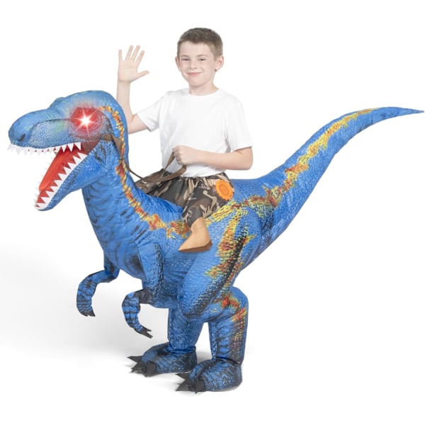 Oppustelig dinosaurkostume til børn, T-Rex kostume med LED-lysende øjne til at sidde op, ride en raptor, digitalt trykt oppusteligt halloweenkostume Blue S