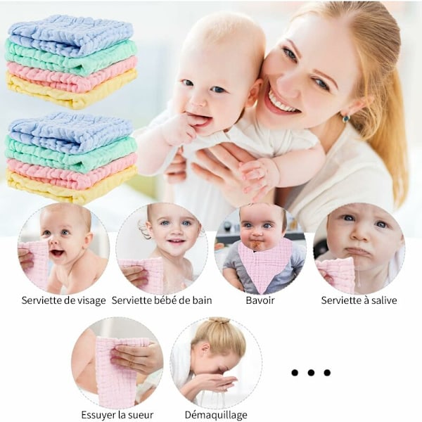 8 st mjuka tvättlappar i bomullsmuslin för baby ansikte händer kropp 25x25cm