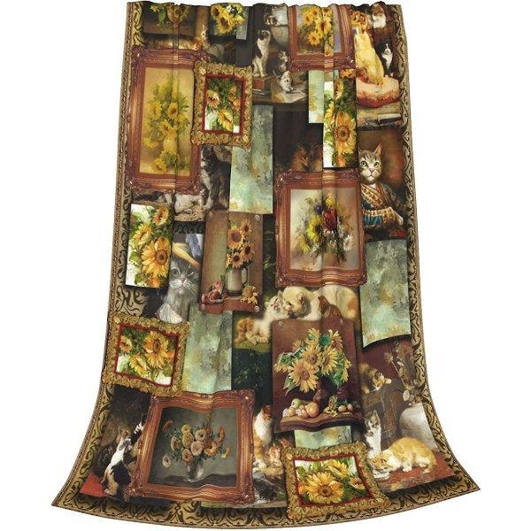 Vintage solsikke sød katteflanell fleece tæppe til sofa seng Retro indrammet kunst Classic Works Blødt tæppe til børn Voksne-q408 50x40in 125x100cm