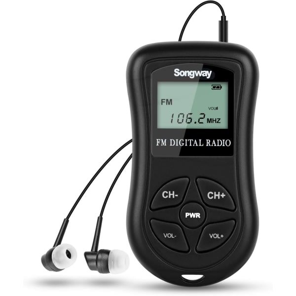Pocket FM Radio Mini LCD Stereo DSP Radio med hørelurar 60-108MHz for lesing, repetisjon, tentamen, sport, reseguide (svart)