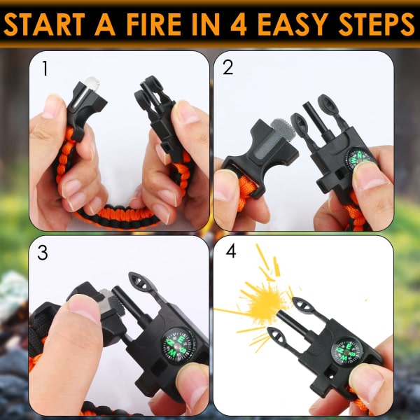 Armband (3-pack), överlevnadsarmband, campingvandring, multifunktionellt, eldstartare, kompass och visselpipa