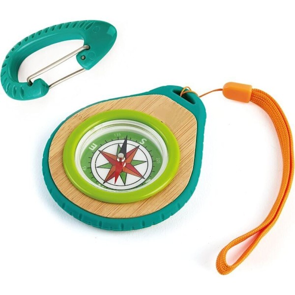 Barnkompass-set från 4 år - Barnens upptäcktsfärds-kit med spegel och karbinhake - Tillverkad av bambu & växtbaserad plast, 15 x 15 x 3,5 cm