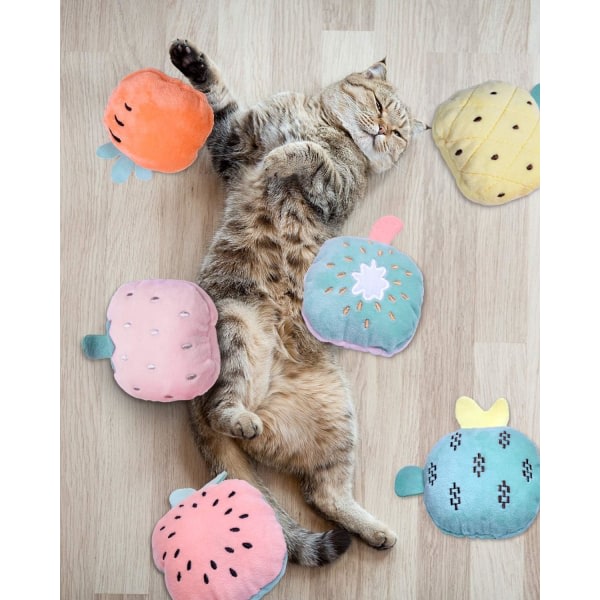 Katt Kattmynta Leksaker, 6st Kuddar Cat Crinkle Toys, Rattle Sound, Katt Leksaker för innekatter Interaktiv med söta frukter Set, Assorted Kitty Toys