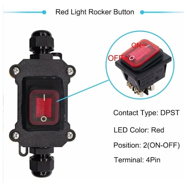 Vandtæt IP65 vippekontakt ON/OFF, DPST 4 terminaler, 220V AC med rød LED, dobbelt linje ind/ud