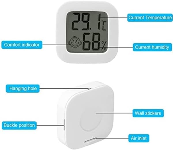 Digital hygrometer inomhustermometer 2-pack, minitemperatur- och luftfuktighetsmätare med tydlig LCD-display för hem, kontor, sovrum, vit