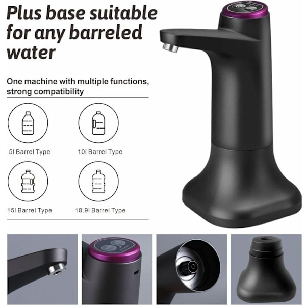 Elektrisk vanddispenser med dobbeltfunktion og standerbase, automatisk drikkevandsflaskepumpe med USB, universal til camping, kontor, hjem (sort)