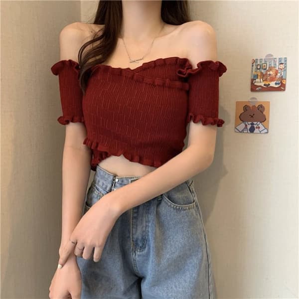 Off-shoulder bluser One-line skulder hals RØD red