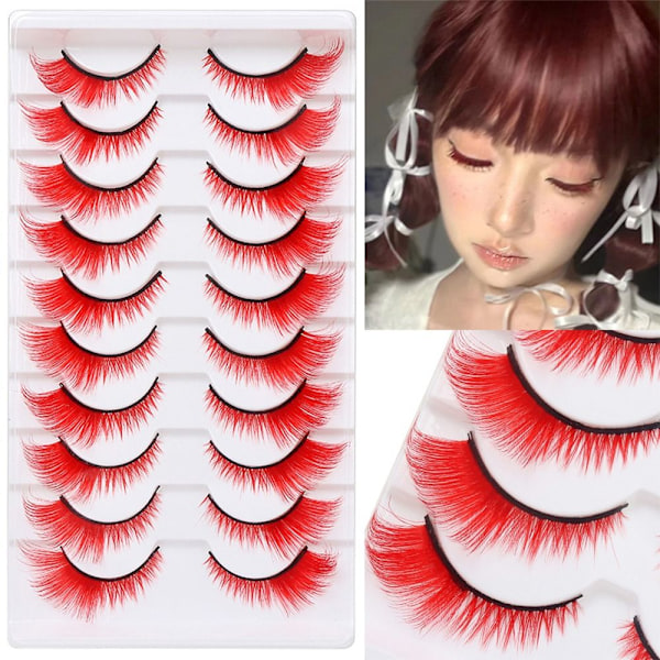 10 Par Färgade Fransar Cat Eye Eye Fransar RÖDA Red
