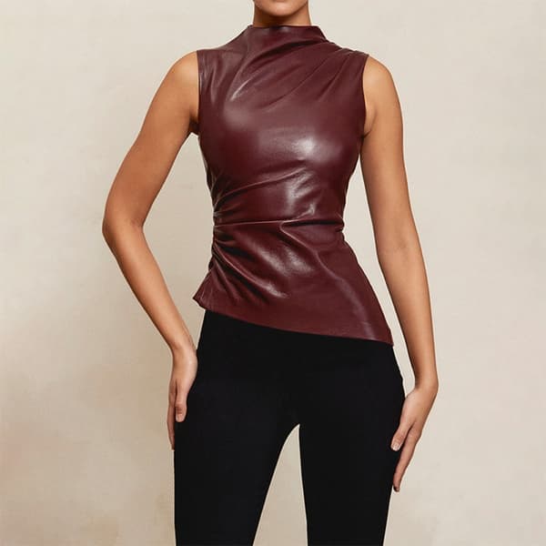 Mode Asymmetrisk Top Læder Ruched Vest SORT S Black S