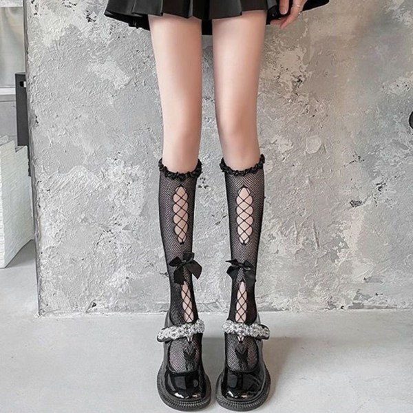 Mesh Knælængde Strømper Cosplay Strømper SORT black