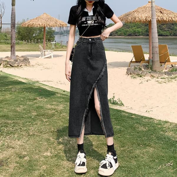 A-formet denimnederdel med slids, SORT L Black L