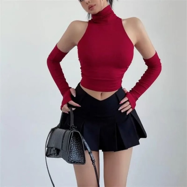 Turtleneck Suspender Crop Top WINE RED L wine red L