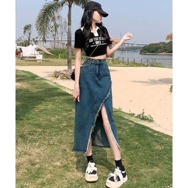 A-linjeformad jeanskjol med slits SVART GRÅ L Black Grey L