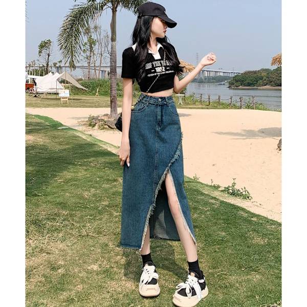 Split Denim -hame A-linjainen hame MUSTA XL Black XL
