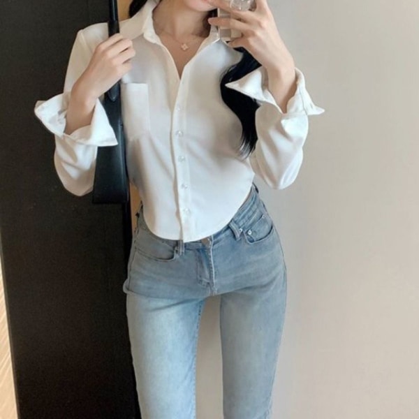 Långärmad blus Damskjorta SVART XL Black XL