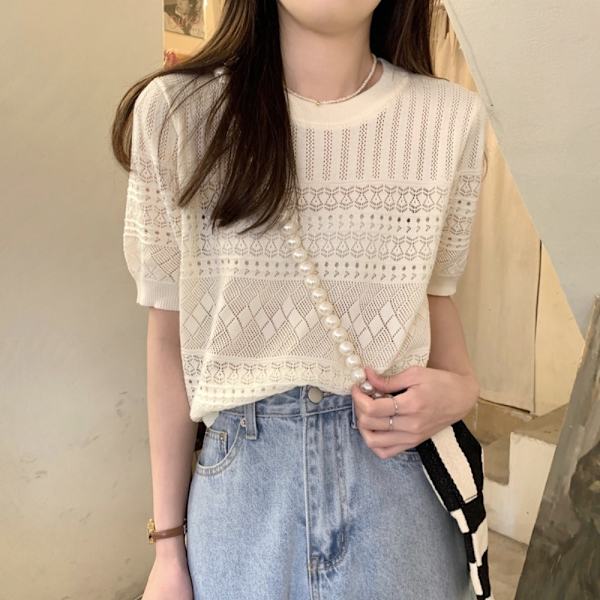 Stickad T-shirt Topp med rund hals VIT White