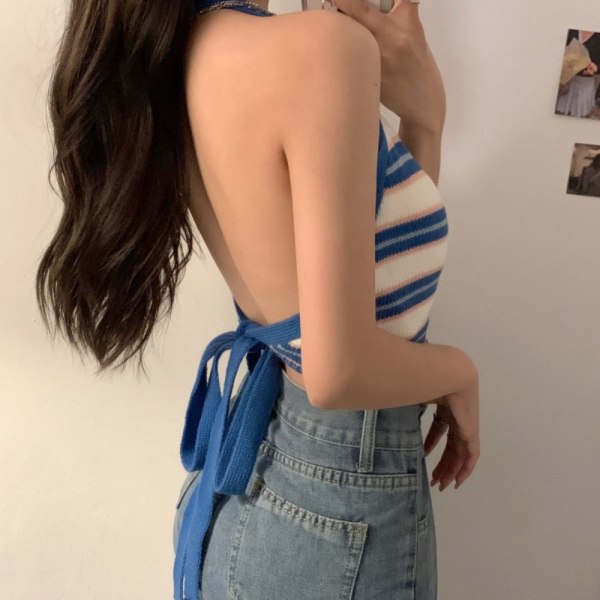 Dame tanktop strikket ærmeløs rem BLÅ Blue