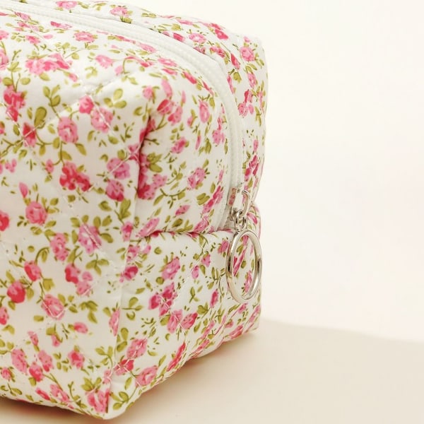 Blomster Puffy Quiltet Makeup Taske Stor Rejse Kosmetik Taske LYS LIGHT PINK