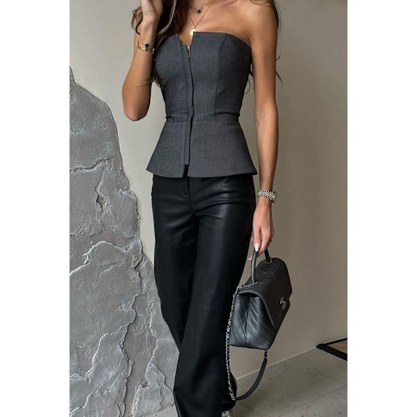 Slank lynlås Crop Top Ærme Tank Top SORT L Black L