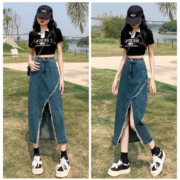 Split denimnederdel A-line nederdel SORT L Black L