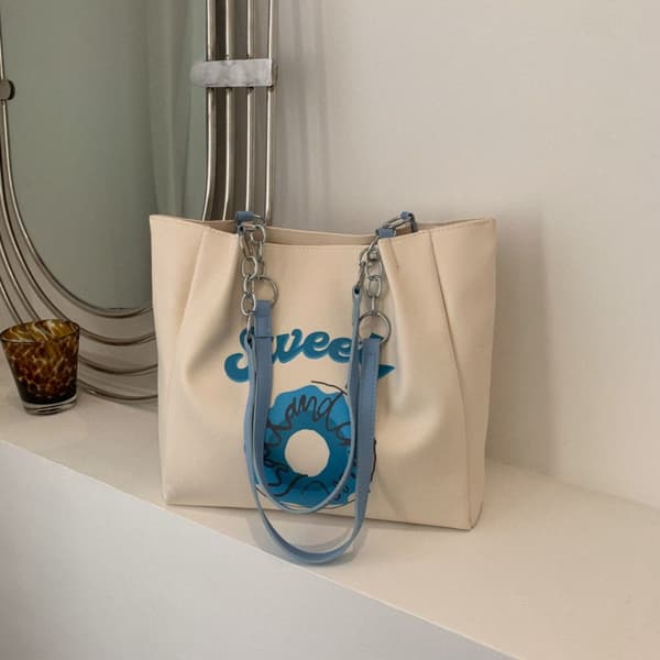 Tryckt Axelväska PU Läder Tote Bag BLÅ blue