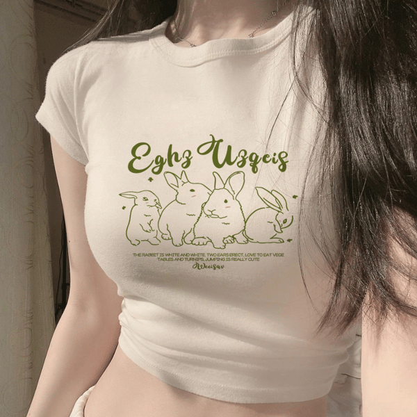 Kanintryck Crop Top Rund Hals Kortärmad S S