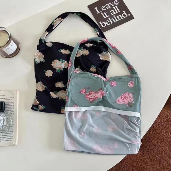 Blomstret Halterneck Camisole BLÅ Blue