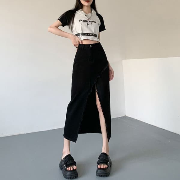 A-formet denimnederdel med slids SORT GRÅ M Black Grey M