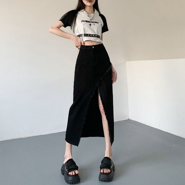 Split Denim -hame A-linjainen hame MUSTA XL Black XL