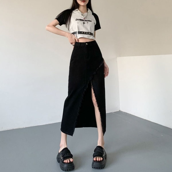 Split Denim Nederdel A-Line Nederdel SORT GRÅ XL Black Grey XL