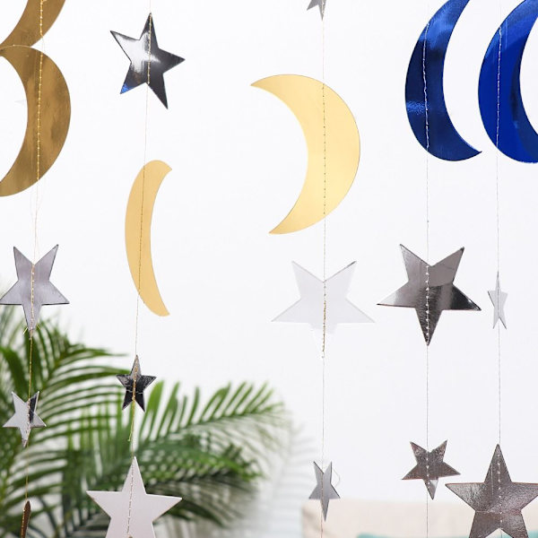 3 Sæt Eid Mubarak Dekoration Ramadan Banner BLÅ&SØLV 2M
