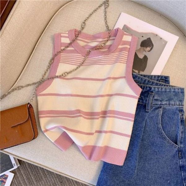 Raidallinen hihaton pusero, lyhyt casual toppi PINKKI pink
