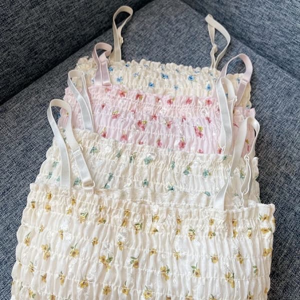 Blommig Camisole Tryckt Linne Blå Blue