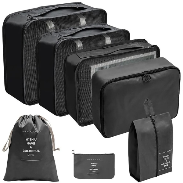 7 kpl / set Matkalaukut Matkapakkauskuutiot MUSTA MUSTA black