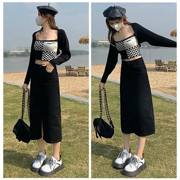 Haljattu farkkuhame A-linjainen hame BLACK GREY M Black Grey M