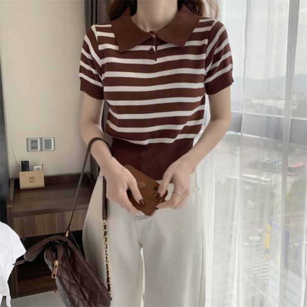 Strikket Stripe T-skjorte Kort Topp APRIKOS Apricot