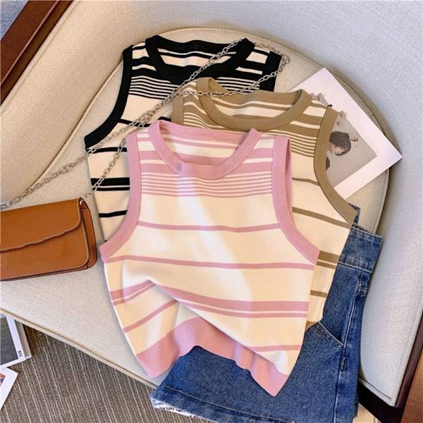 Raidallinen hihaton pusero, lyhyt casual toppi PINKKI pink