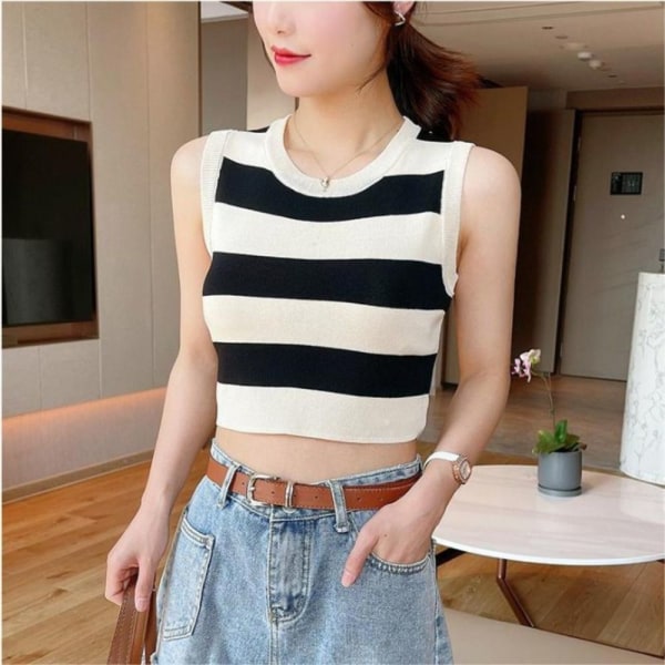 Kontraststripet strikkevest Crop Top HVIT white