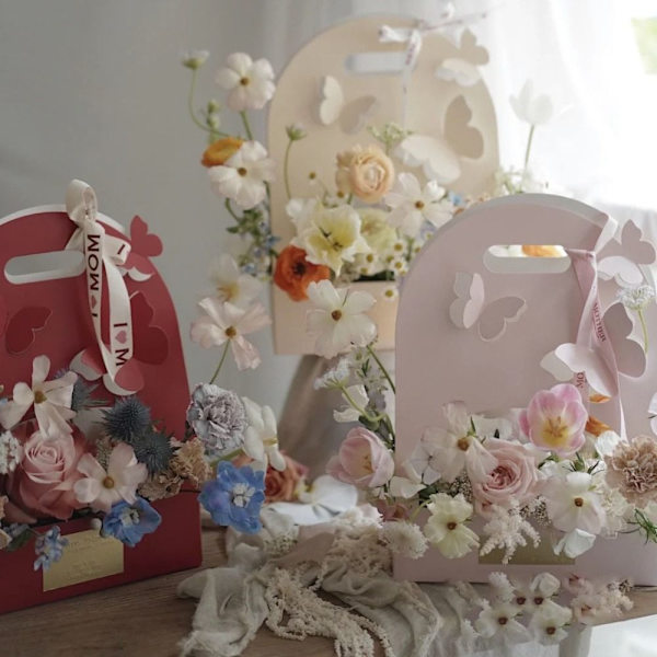 Sammenfoldelig Blomsterkasse Buket Indpakningsboks PINK REKTANGULÆR Pink Rectangular-Rectangular