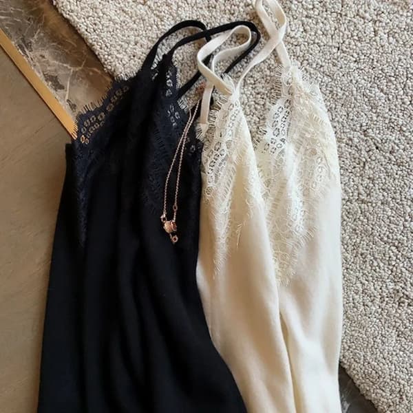 Spets V-ringad Linne Svart Black