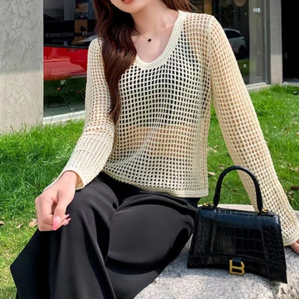 Hollow Out Bluser Strikk Topper APRIKOS Apricot
